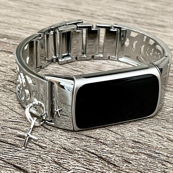 Silver Metal Band Fitbit Charge 5 Bracelet Slim Cross Charm Jewelry Wristband - Picture 8 of 8